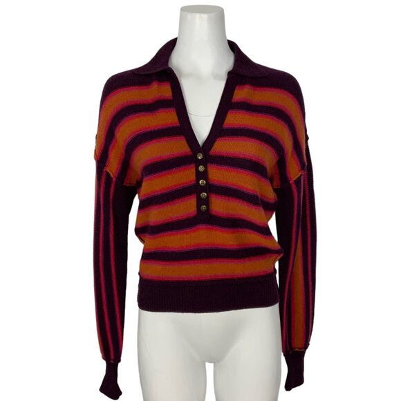 Free People Merino Wool Henley Sweater XS Striped Retro Long Sleeve Fall Fashion - Picture 1 of 12
